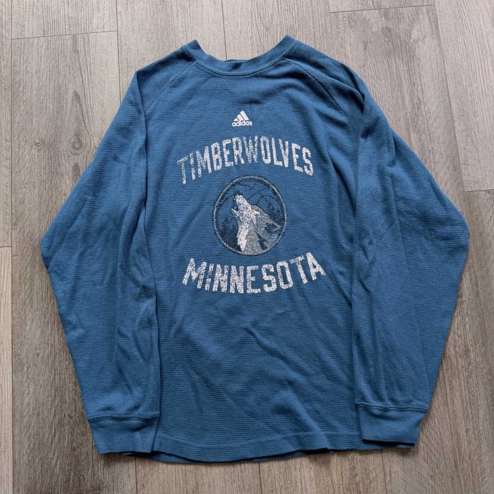 Adidas Minnesota Timberwolves Youth L 14/16 Blue Waffle Long Sleeve Shirt